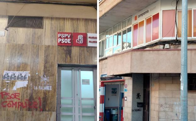 Atacan con pintadas de la Falange las sedes de Compromís y el PSPV en Alicante
